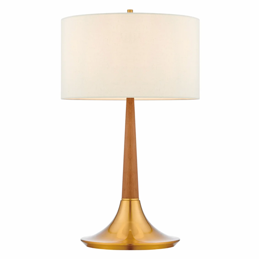 Portillo Retro MCM Brass & Birch Wood Laurel Table Lamp with Linen Drum Shade