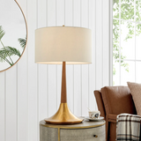 Portillo Retro MCM Brass & Birch Wood Laurel Table Lamp with Linen Drum Shade