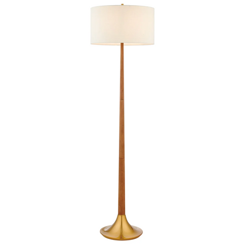 Portillo Retro MCM Brass & Birch Wood Laurel Floor Lamp with Linen Drum Shade