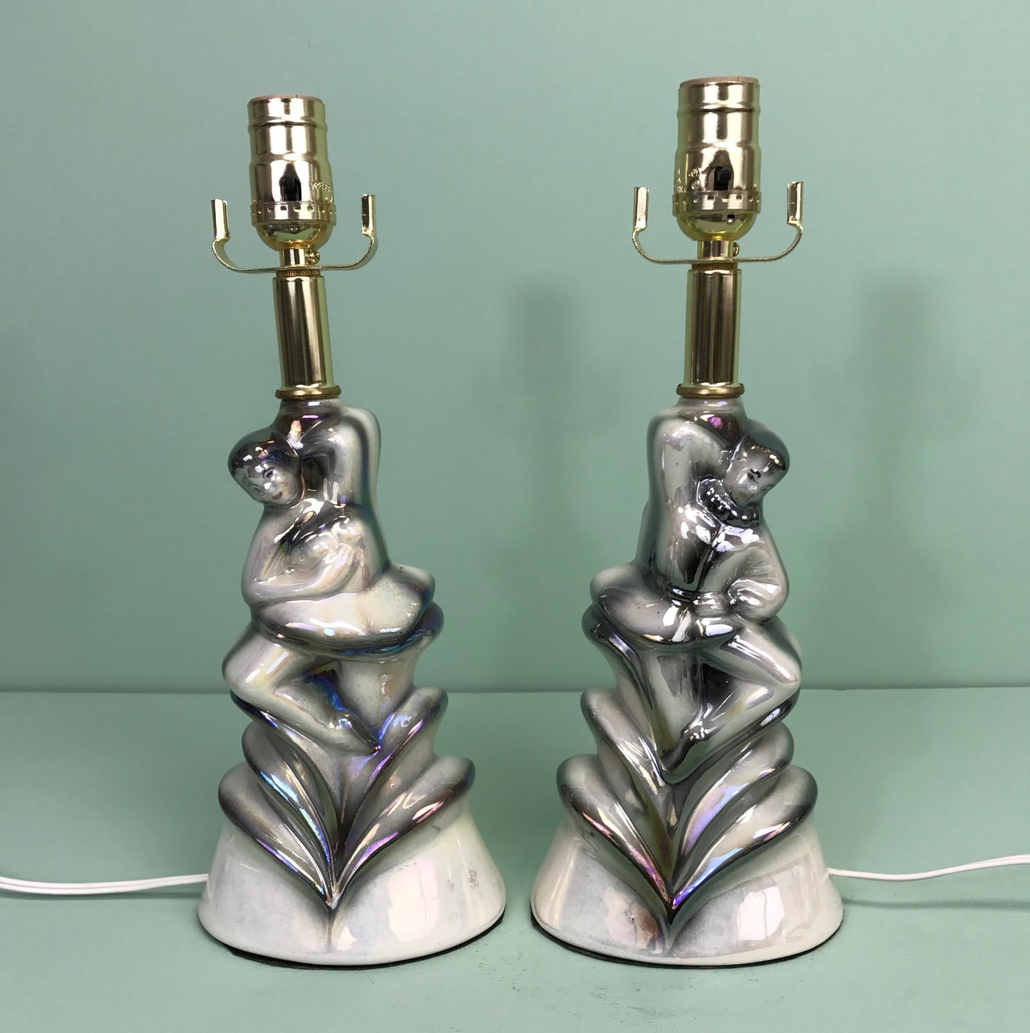 Vintage Pair of Ceramic Iridescent Dancing Figure Accent Lamps