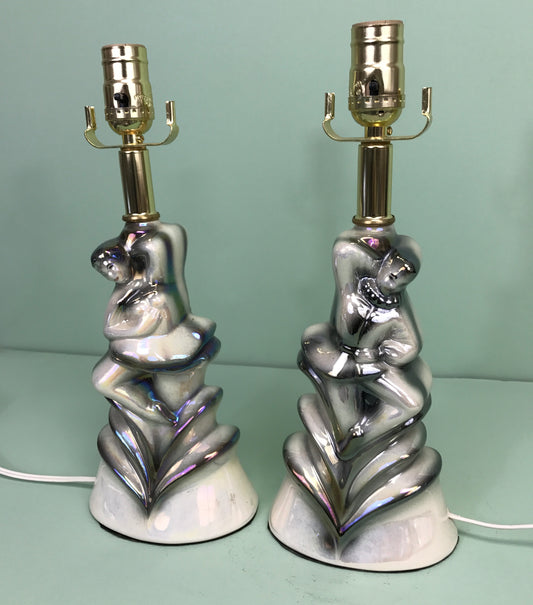 Vintage Pair of Ceramic Iridescent Dancing Figure Accent Lamps